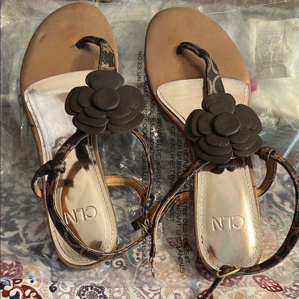 CLN Brown and Black Sandals with Floral Accents